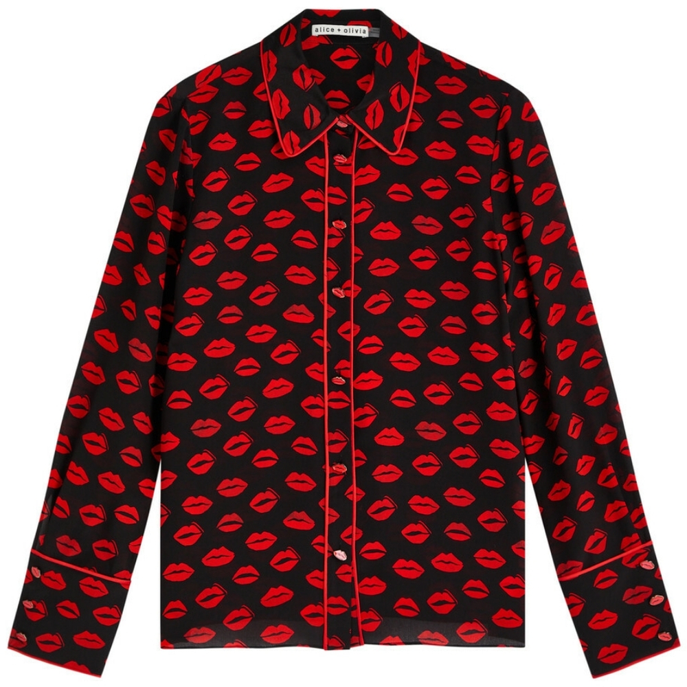 Alice and Olivia Willa Black Shirt with Red Lip Pattern